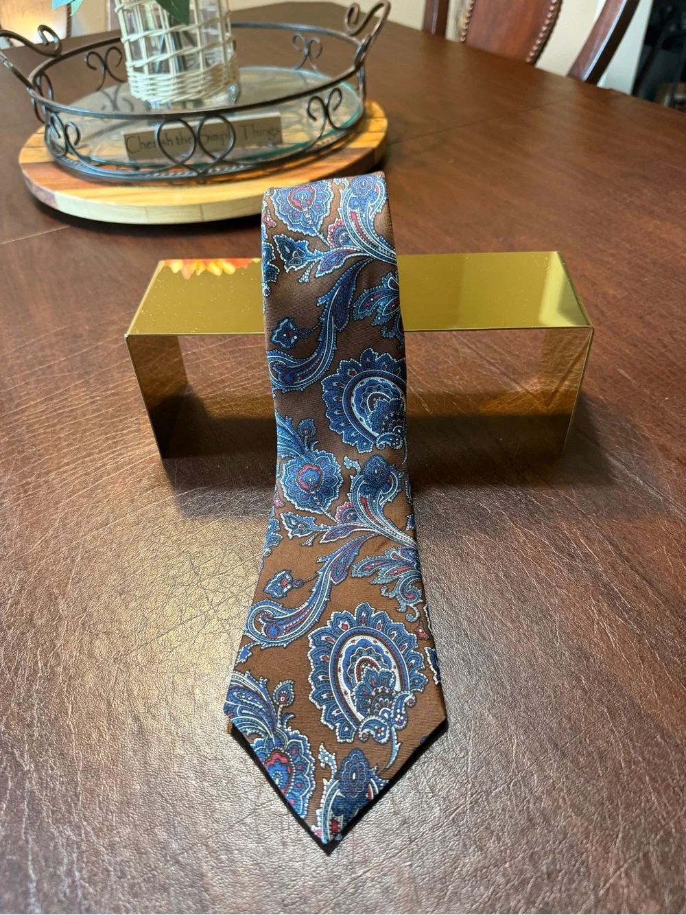 Vintage 90’s Christian Dior Monsieur Men’s Brown Blue Paisley 100% Silk Tie